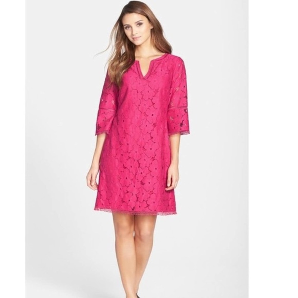 ADRIANNA PAPELL | Pink Floral Lace Shift Dress 10